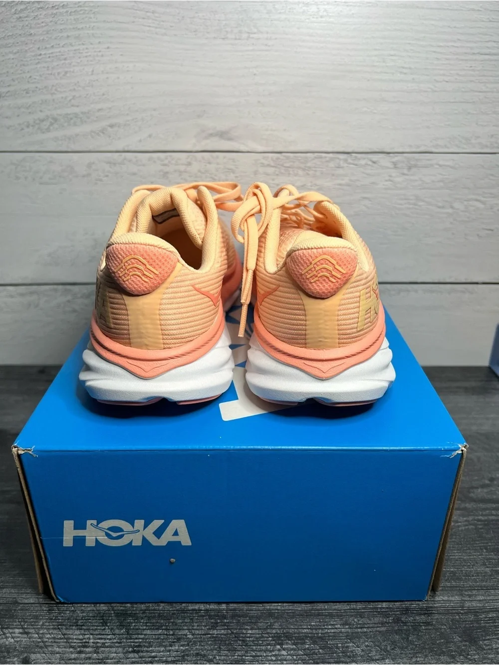 Hoka Youth Clifton 9 Running Shoes in Peach and Coral